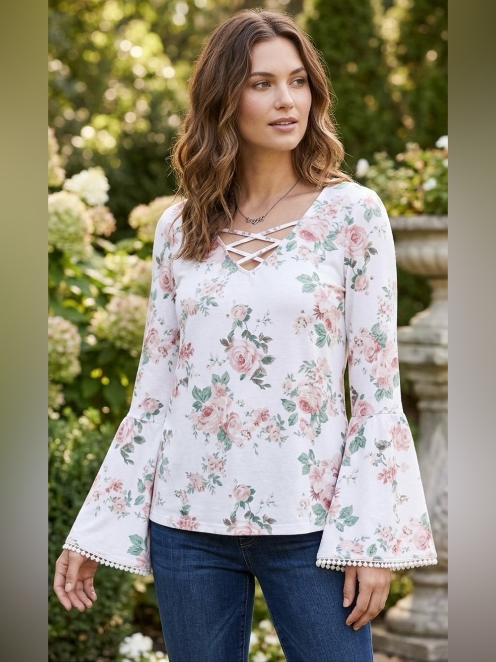 Derek Heart Floral Print Bell Sleeve Blouse (XL)